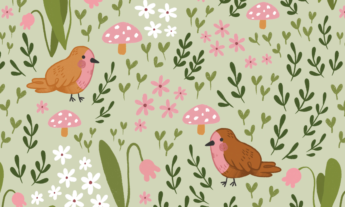 Pattern of happy robins, toadstools and blooms on a light green background.